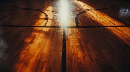 Poster - A basketball court with a detailed view of the court's three-point line and texture, indoor setting with spotlighting, Dynamic style