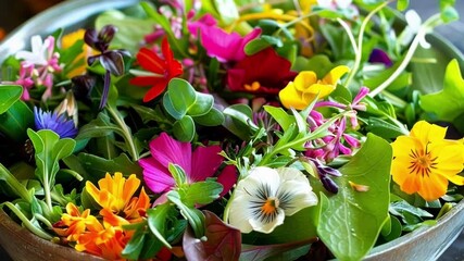 Wall Mural - Overflowing colorful bowl of fresh salad with vibrant edible flowers and lush green leaves, perfect for healthy meal. Packed with vitamins, nutrients, and bursting with color