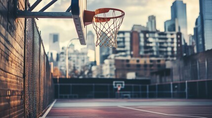 Poster - A basketball court's backboard and hoop, urban outdoor setting with clear sky, Urban style