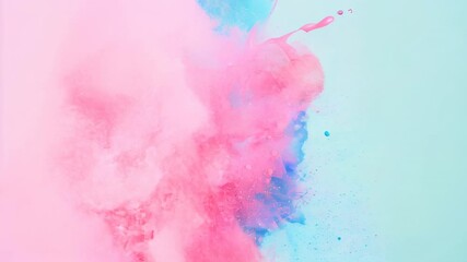 Poster - Vibrant pink and blue paint splashes creating an explosion effect on a cyan background, perfect for colorful and dynamic designs.