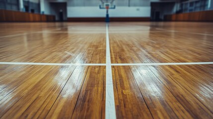 Poster - A basketball court's free throw line with a focus on the painted line and wood texture, indoor setting with bright gym lights, Clean style