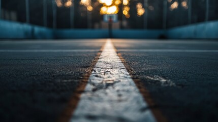 Poster - A basketball court's free throw line with focus on the painted line, outdoor setting under twilight, Urban style