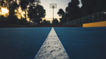 Poster - A basketball court's free throw line with focus on the painted line, outdoor setting under twilight, Urban style