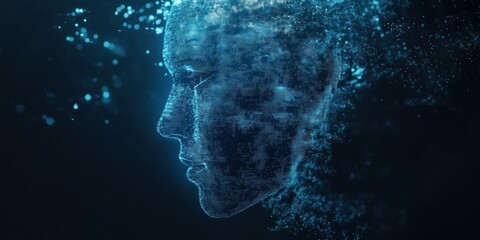 Wall Mural - A digital human face made of blue particles fades into a dark blue background.