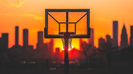 Aufkleber - A basketball court's hoop with a focus on the sunset in the background, urban setting with colorful skyline, Vibrant style