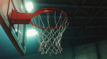 Poster - A basketball court's hoop with focus on the rim and net, indoor setting with bright lights, Sharp style