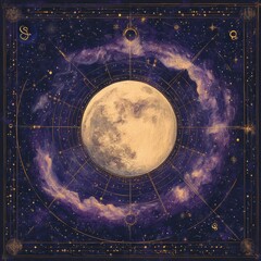 Wall Mural - A painting of the moon and stars with a gold frame