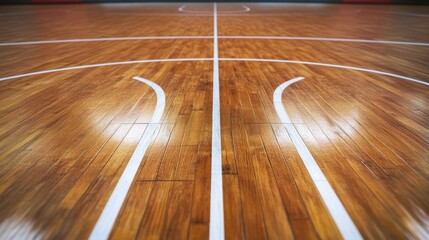 Poster - A basketball court's three-point line with a focus on the painted arc and wood texture, indoor setting with gym lights, Precise style