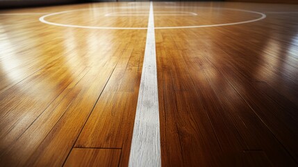 Poster - A basketball court's three-point line with a focus on the painted arc and wood texture, indoor setting with gym lights, Precise style
