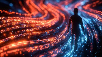 Wall Mural - A man is walking through a colorful, abstract pattern of lines