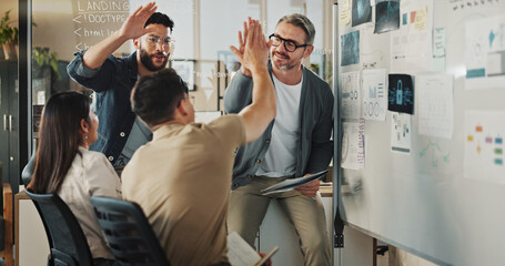 Poster - Teamwork, high five and brainstorming with business people in meeting for coding workshop, cyber security and success. Collaboration, support and mentor with group of developers in tech startup