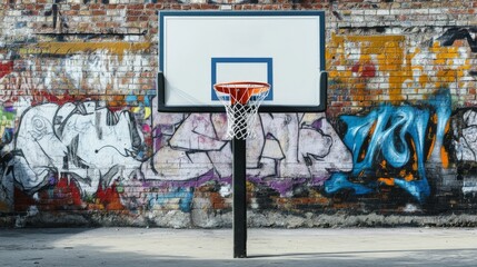 Poster - A basketball hoop with backboard, urban outdoor setting with graffiti backdrop, Urban style