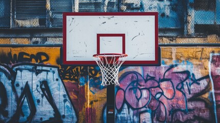 Poster - A basketball hoop with backboard, urban outdoor setting with graffiti backdrop, Urban style
