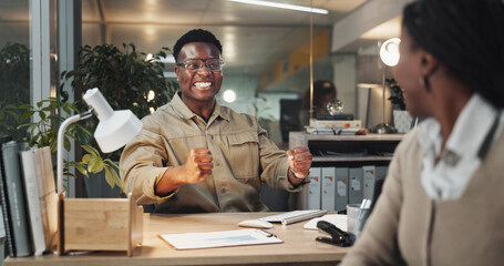 Aufkleber - Excited, black man or night with colleague for celebration, winning or promotion at office. Happy African, male person or winner with smile on computer for victory, good news or success at workplace