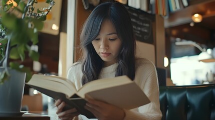 Wall Mural - An Asian woman is focused on reading or making a list in a book while sitting in a coffee shop.