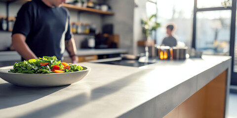 Wall Mural - A senior man skillfully prepares a fresh salad in a modern kitchen, highlighting the beauty of healthy eating and the joy of cooking at home.