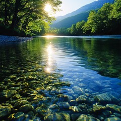 Wall Mural - A river with rocks in the middle of it and the sun setting in the background