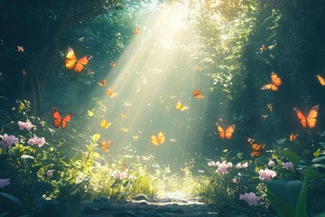 Wall Mural - a field of flowers with butterflies flying around in the sun