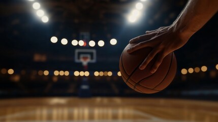 Wall Mural - A basketball player's hands dribbling the ball, indoor setting under arena lights, Dynamic style