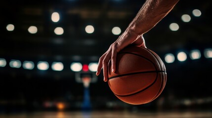 Wall Mural - A basketball player's hands dribbling the ball, indoor setting under arena lights, Dynamic style