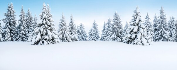 Sticker - Winter storm blizzard intensity, A serene winter landscape filled with snow-covered pine trees under a clear blue sky, creating a peaceful and picturesque scene.