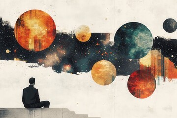 Wall Mural - A man sits on a ledge looking out at a colorful sky with many planets