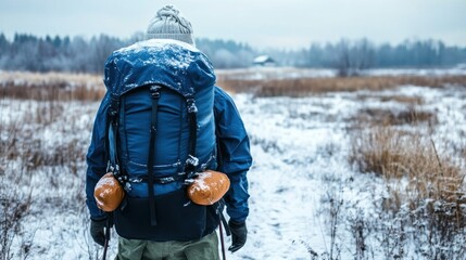 Canvas Print - A lone hiker walks through a snowy field, carrying a large backpack, on a cold winter day.