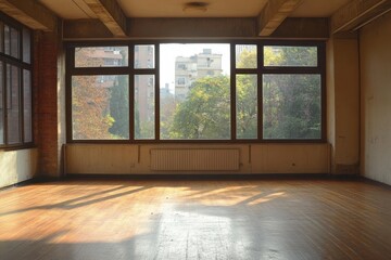 Wall Mural - A large empty room with a window that overlooks a city