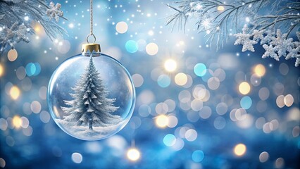 Wall Mural - A Stunning Christmas Ornament Featuring a Snow-Covered Tree Inside a Glass Bauble, Capturing the Magical Essence of the Holiday Season with Soft Blue Background and Bokeh Effects