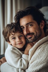 Wall Mural - Joyful father and son portrait together in a hotel setting, capturing their bonding moment