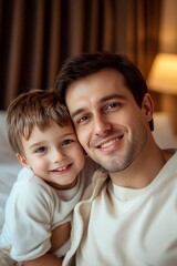 Wall Mural - Joyful portrait of a father and son together in a hotel setting, capturing their bonding moment