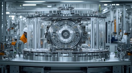 Aufkleber - A Futuristic Industrial Setting with a Complex Circular Machine and a Worker in the Background