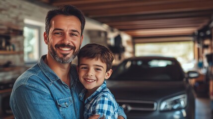 Heartwarming portrait of a joyful father and son enjoying time together near their car in the garage