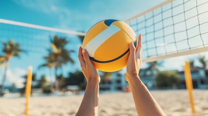 Poster - A beach volleyball player's hands setting the ball, outdoor setting on a sunny beach, Tropical style