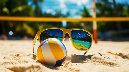 Poster - A beach volleyball player's sunglasses and ball, outdoor setting on a sandy court, Tropical style