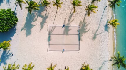 Poster - A beachside volleyball court with sand and net, outdoor setting with palm trees, Coastal style