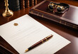 © Aleksey - A clean white mockup of a classic, leather-bound contract. The contract is laid out on a mahogany desk with a fountain pen and a stack of legal documents beside it.