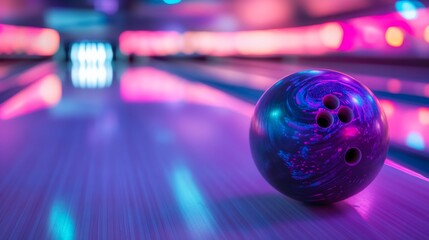 Aufkleber - A bowling ball's finger holes with polished surface and colorful patterns, indoor setting with neon alley lights, Vibrant style