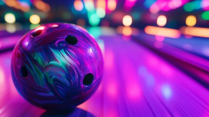 Aufkleber - A bowling ball's finger holes with polished surface and colorful patterns, indoor setting with neon alley lights, Vibrant style