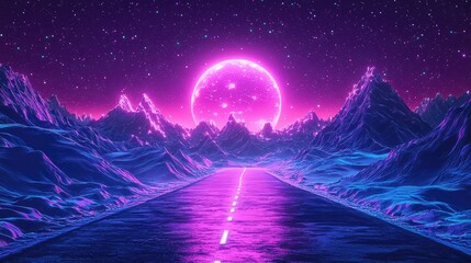 Poster - Neon road leads to giant pink moon.