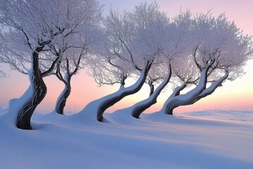 Wall Mural - A line of snow-covered trees with twisted branches against a pink and blue sunrise.