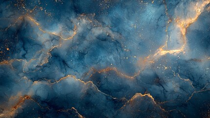  Abstract blue and gold marbled background with intricate patterns and textures.