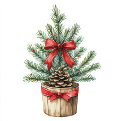 Wall Mural - festive potted Christmas tree with red bows and pine cone, perfect for holiday decor