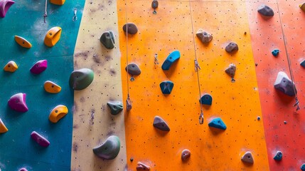 Aufkleber - A climbing wall's artificial holds, indoor setting with colorful spotlights, Bold style