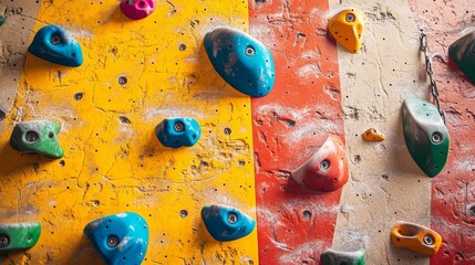 Poster - A climbing wall's artificial holds, indoor setting with colorful spotlights, Bold style