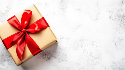 A close-up of one gift box wrapped in craft paper with a red ribbon. Isolated on white background. Copy space. Top view. Birthday, celebration, event, anniversary, gift, packaging, decoration.