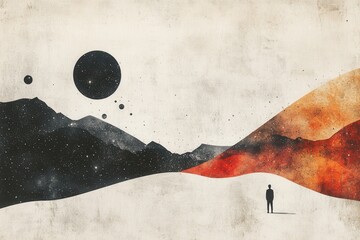 Wall Mural - A painting of a man standing in a desert with mountains in the background