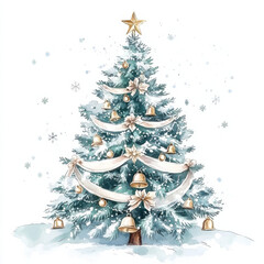 Wall Mural - beautifully decorated Christmas tree with golden bells and ribbons, surrounded by snowflakes, creating festive and joyful atmosphere