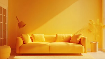 Wall Mural - Minimalist living room with a yellow sofa, lamp, and potted plant.