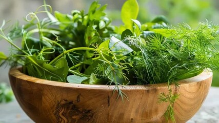 Wall Mural - Freshly picked herbs are overflowing from a wooden bowl sitting on a rustic table. The background is blurred, emphasizing the freshness of the herbs